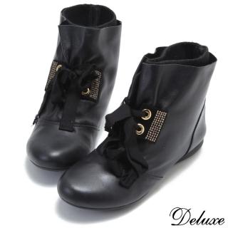 【Deluxe】全真皮率性頂級綁帶燙鑽雙層平底短靴(黑)