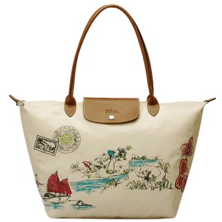 【LONGCHAMP】湄公河風景刺繡技藝長提把水餃包(中-米紙色-1899509-555)