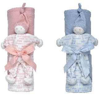 【美國Under The Nile】有機棉雙層連帽包巾及睡眠安撫娃娃(粉紅組/粉藍組)