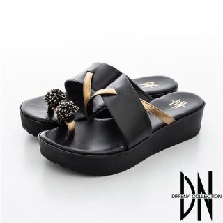 【DN】華麗饗宴 亮眼造型繡球皮飾指環拖鞋(黑)