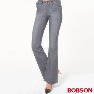【BOBSON】女款寬潮作貼口袋小喇叭牛仔褲(灰9048-87)
