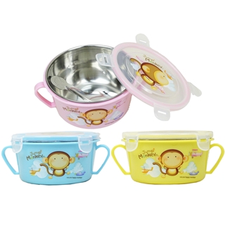 【Jump2 monkey跳跳猴】不鏽鋼雙耳隔熱碗/幼兒學習隔熱碗x3入組(內附湯匙3色出貨)
