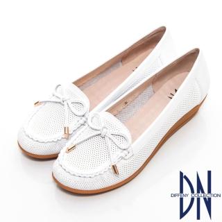 【DN】通勤首選 減壓全真皮蝴蝶結楔型包鞋(白)