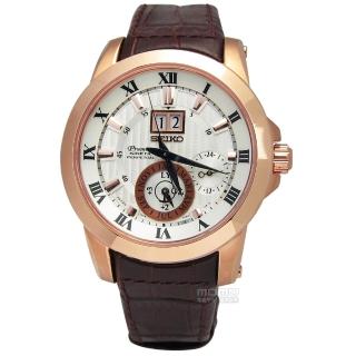 【SEIKO】Premier萬年曆皮革腕錶 咖啡X玫瑰金 42mm(SNP096J1.7D56-0AB0P)