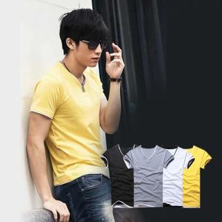 【ENNE】百搭純色假兩件短袖修身男士V領上衣T恤/四色(上衣)