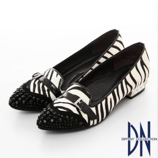 【DN】韓系時尚 水鑽拼接動物紋尖頭樂福鞋(黑)