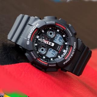 【CASIO 卡西歐】G-SHOCK 數位指針雙顯運動錶(黑x紅/55mm)
