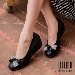 【Alberta】台灣製 嚴選鑲鑽蝴蝶結 增高楔型厚底懶人鞋(黑色)