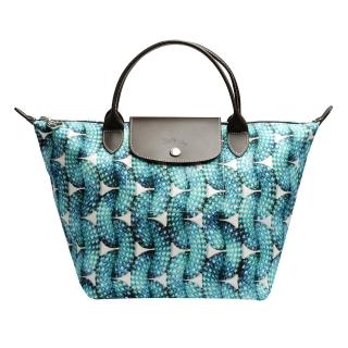 【LONGCHAMP】Surf & The City系列纜繩印花短把購物包(小-藍1602601-127)