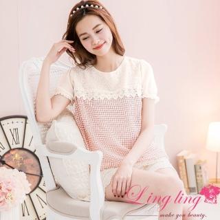 【lingling】日系格紋雪紡接網紗蕾絲領縮襬上衣PA2301(日系粉橘)