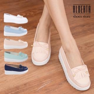 【Alberta】馬卡龍色系 莫卡辛流蘇蝴蝶結 厚底增高5CM鬆糕鞋 小白鞋(粉紅色)