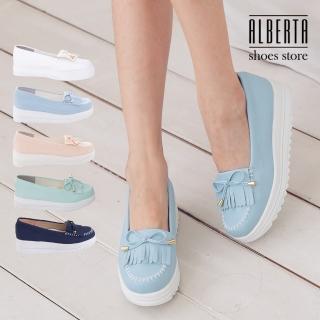 【Alberta】馬卡龍色系 莫卡辛流蘇蝴蝶結 厚底增高5CM鬆糕鞋 小白鞋(淺藍色)