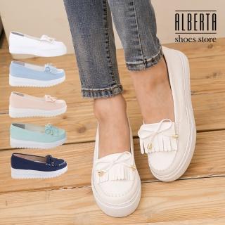 【Alberta】馬卡龍色系 莫卡辛流蘇蝴蝶結 厚底增高5CM鬆糕鞋 小白鞋(白色)