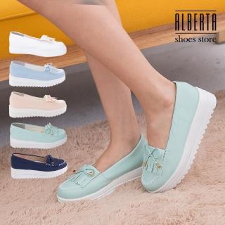 【Alberta】馬卡龍色系 莫卡辛流蘇蝴蝶結 厚底增高5CM鬆糕鞋 小白鞋(綠色)