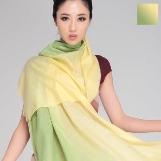 【Seoul Show】80支紗 鵝黃淺綠漸層撞色100%純羊毛圍巾保暖披肩