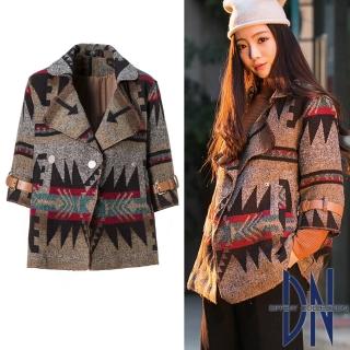 【DN Italy】復古印象 翻領幾何圖騰寬鬆外套(咖)