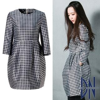 【DN Italy】優雅名媛 圓領格紋立體剪裁連身洋裝(白)