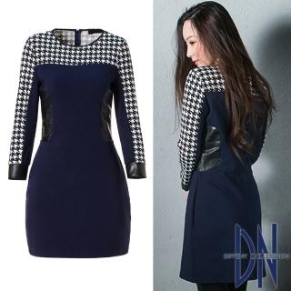 【DN Italy】知性女伶 顯瘦千鳥紋拼接羊毛素面連身洋裝(藍)