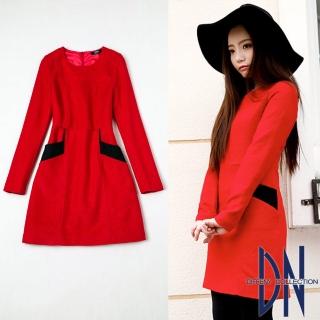 【DN Italy】氣質女伶 羊毛雙色拼接口袋連身洋裝(紅)