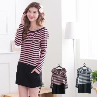 【衣心衣意中大尺碼】條紋荷葉邊典雅長版上衣(黑-紅FK1A1104)