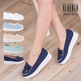 【Alberta】馬卡龍色系 莫卡辛流蘇蝴蝶結 厚底增高5CM鬆糕鞋 小白鞋(藍色)