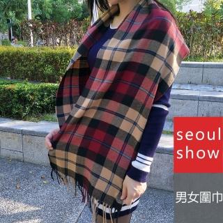 【Seoul Show】男女經典條格紋仿羊絨圍巾披肩 卡其 藍線紅線格(防寒保暖)