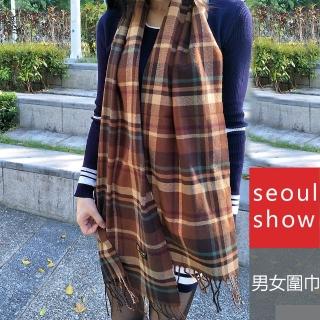 【Seoul Show首爾秀】男女經典條格紋仿羊絨圍巾披肩 咖啡 綠駝線(防寒保暖)