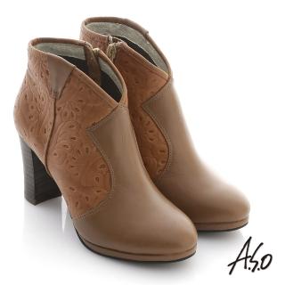 【A.S.O】機能美靴 全真皮壓花奈米粗跟踝靴(茶)