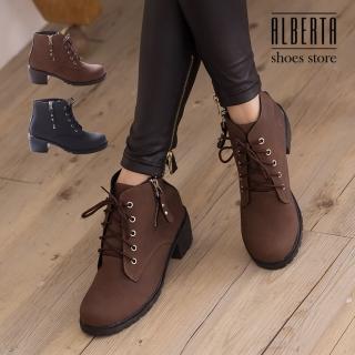 【Alberta】金屬拉鍊皮革材質 繫帶粗跟短靴 時尚個性帥氣 馬丁靴 機車靴(咖啡)