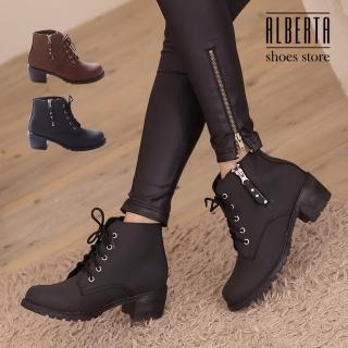 【Alberta】金屬拉鍊皮革材質 繫帶粗跟短靴 時尚個性帥氣 馬丁靴 機車靴(黑色)