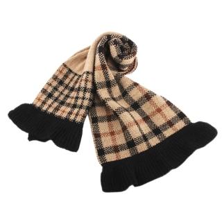 【DAKS】格紋針織羊毛荷葉邊圍脖(駝色)