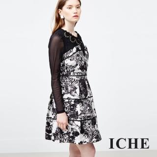 【ICHE 衣哲】印花蕾絲洋裝