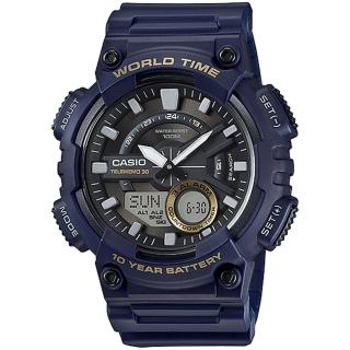 【CASIO 卡西歐】世界時間雙顯電子錶-藍(AEQ-110W-2AVDF)