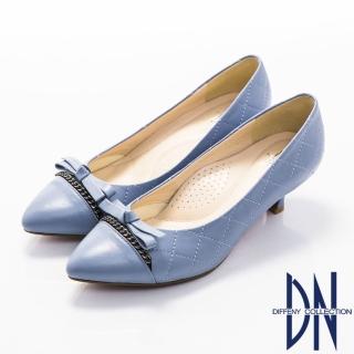 【DN】優雅簡約 MIT全真皮蝴蝶結菱紋跟鞋(藍紫)