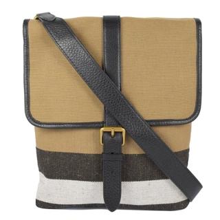 【BURBERRY】經典格紋棉麻皮飾邊翻蓋斜背包(黑邊)