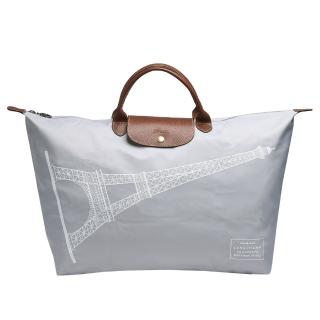 【LONGCHAMP】巴黎鐵塔紀念款摺疊購物包(大-淺灰色1624346-C54)