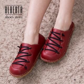 【Alberta】復古皮革質感 繫帶造型好穿脫 鞋底舒適 小厚底休閒鞋 懶人鞋(紅色)
