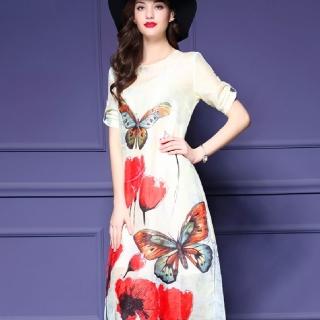 【a la mode 艾拉摩兒】蝴蝶大紅花麻紗捲袖寬鬆洋裝連衣裙(S-XXXL)
