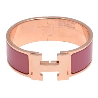 【HERMES】Clic H LOGO琺瑯中版手環(PM-天鵝絨粉X玫瑰金H300001F-ROSE VELOURS-ROSE GD-PM)