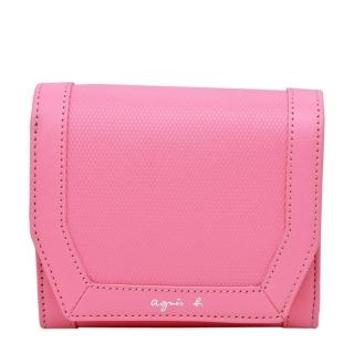 【agnes b.】草寫logo 斜紋防刮皮革短夾(粉色)
