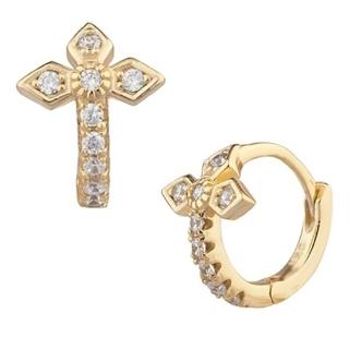 【SHASHI】美國品牌 Gia Huggie925純銀鑲18K金小圓耳環(鑲鑽英式十字架)