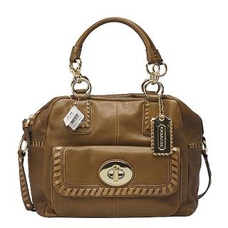 【COACH】磁釦口袋真皮編織飾邊二用保齡球包(展示品-焦糖色 15994-GD-EL)