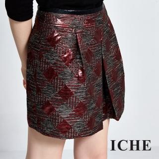 【ICHE 衣哲】立體格紋前打褶羊毛短裙