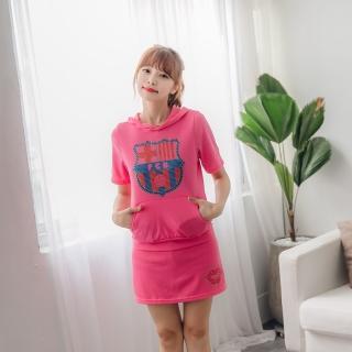 【Jimmy&Wang】粉色短袖連帽學院風上衣+裙褲套裝2件組(網)