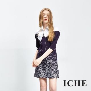 【ICHE 衣哲】假兩件式領結印花造型洋裝