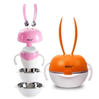 【BERZ 英國貝氏】彩虹兔五合一組合不鏽鋼餐具組(橘色 送同色防水收納袋)