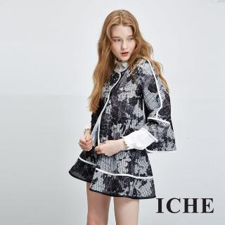 【ICHE 衣哲】印花滾邊短版寬袖斗篷外套