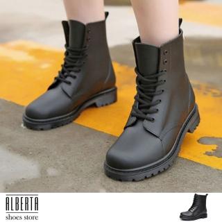 【Alberta】英式雨鞋 綁帶馬丁雨靴 雨天熱銷款 輕便百搭防水 低粗跟雨鞋(黑色)