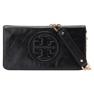 【TORY BURCH】Reva Bombe浮雕LOGO牛皮金鍊肩背/手拿晚宴包(黑50009810-001)