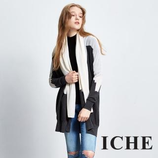 【ICHE 衣哲】羊毛領巾撞色拼接針織長版外套